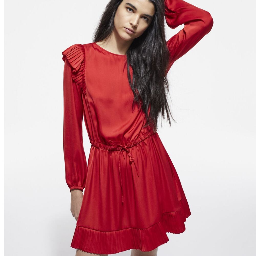 The Kooples “Short red dress” pleated ruffle satin mini dress medium size M
